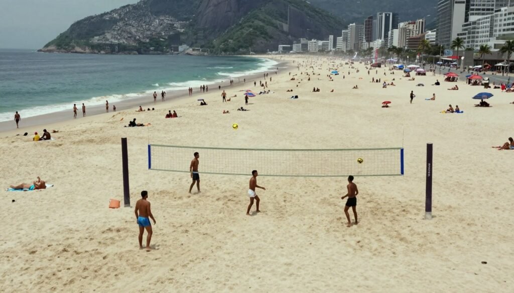 Praias de Copacabana e Ipanema vistas do alto mostrando diversidade de pessoas praticando atividades ao ar livre Praias de Copacabana e Ipanema vistas do alto mostrando diversidade de pessoas praticando atividades ao ar livre
