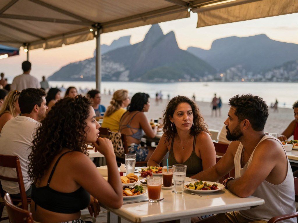 Restaurante à beira-mar em Ipanema com clientes diversos jantando ao pôr do sol, luz natural ambiente Restaurante à beira-mar em Ipanema com clientes diversos jantando ao pôr do sol, luz natural ambiente