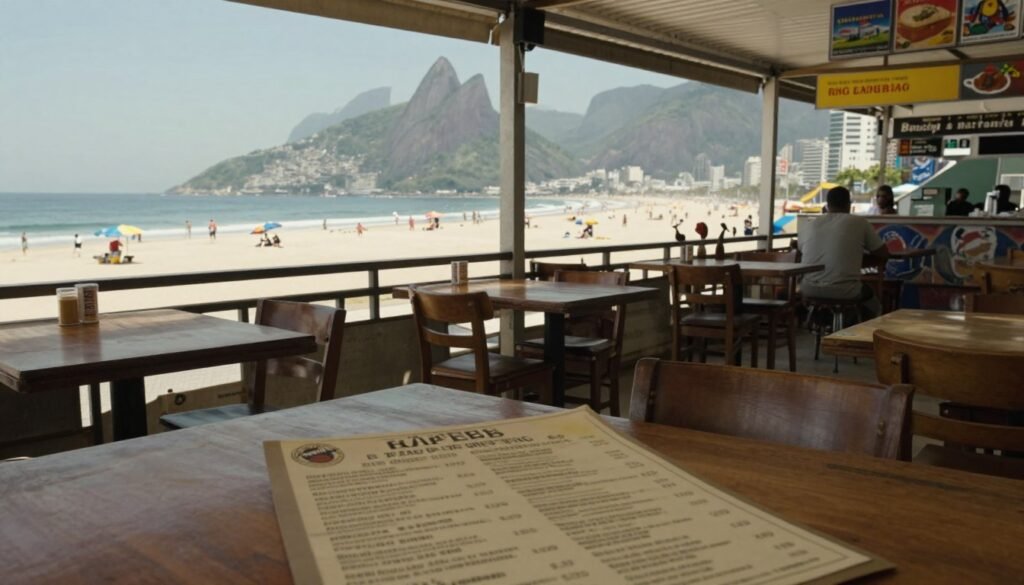 Restaurante turístico vazio com preços exorbitantes em menu e vista para praia do Rio Restaurante turístico vazio com preços exorbitantes em menu e vista para praia do Rio