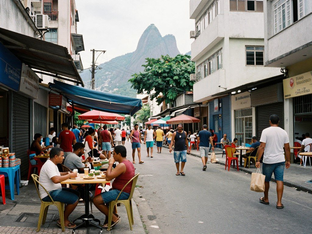 Rua comercial movimentada de Botafogo com comércio local e cariocas em rotina diária Rua comercial movimentada de Botafogo com comércio local e cariocas em rotina diária