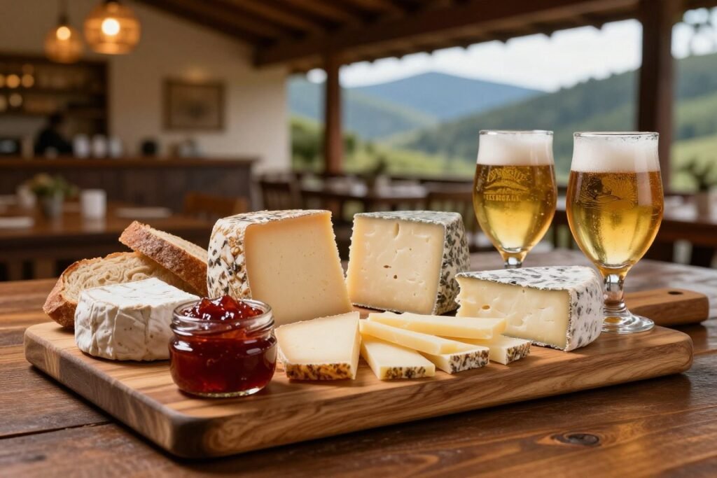 Tábua de queijos artesanais da serra fluminense com cervejas locais em ambiente rústico e acolhedor Tábua de queijos artesanais da serra fluminense com cervejas locais em ambiente rústico e acolhedor