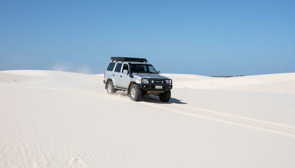 Transfer 4x4 atravessando dunas dos Lençóis Maranhenses mostrando a logística necessária para acessar as lagoas Transfer 4x4 atravessando dunas dos Lençóis Maranhenses mostrando a logística necessária para acessar as lagoas