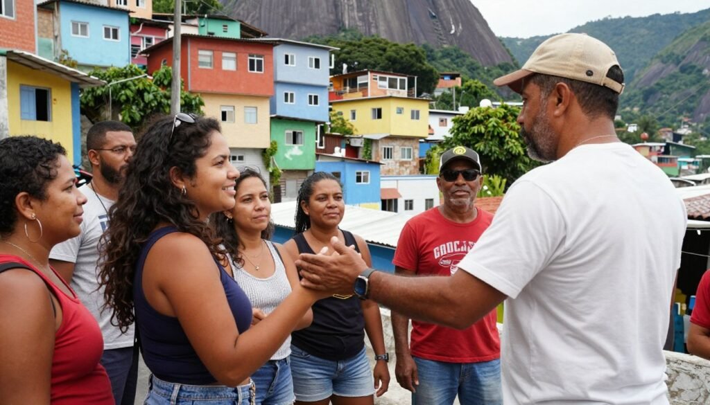 Turismo de experiência no Rio de Janeiro mostrando guia local interagindo com turistas em comunidade