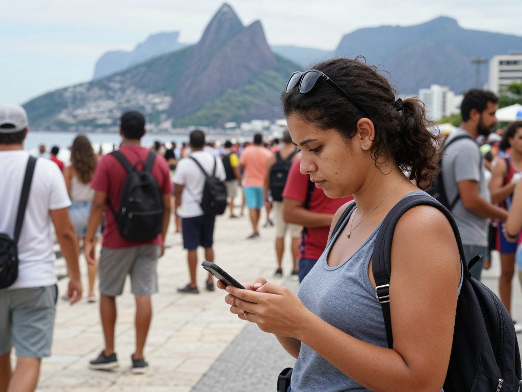 Turista distraído usando smartphone para navegação em calçadão movimentado do Rio de Janeiro Turista distraído usando smartphone para navegação em calçadão movimentado do Rio de Janeiro