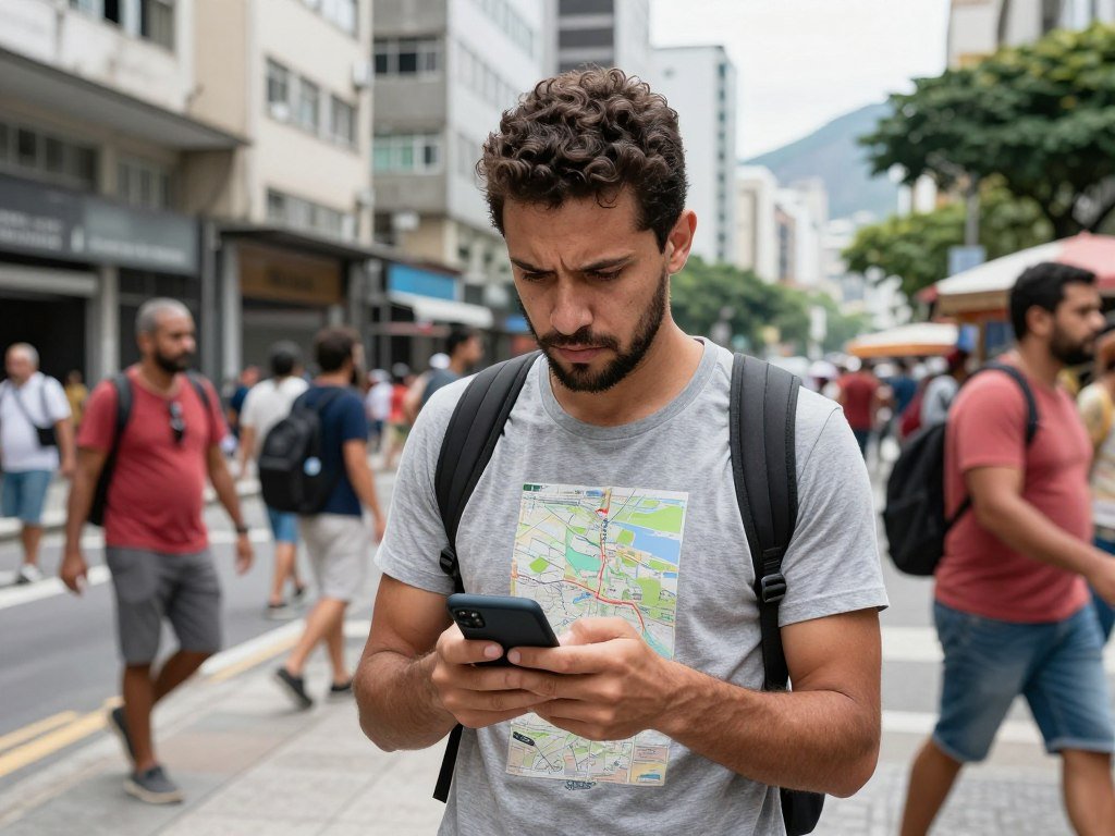 Turista estrangeiro confuso olhando mapa no smartphone em esquina movimentada do Rio de Janeiro, luz natural do dia Turista estrangeiro confuso olhando mapa no smartphone em esquina movimentada do Rio de Janeiro, luz natural do dia