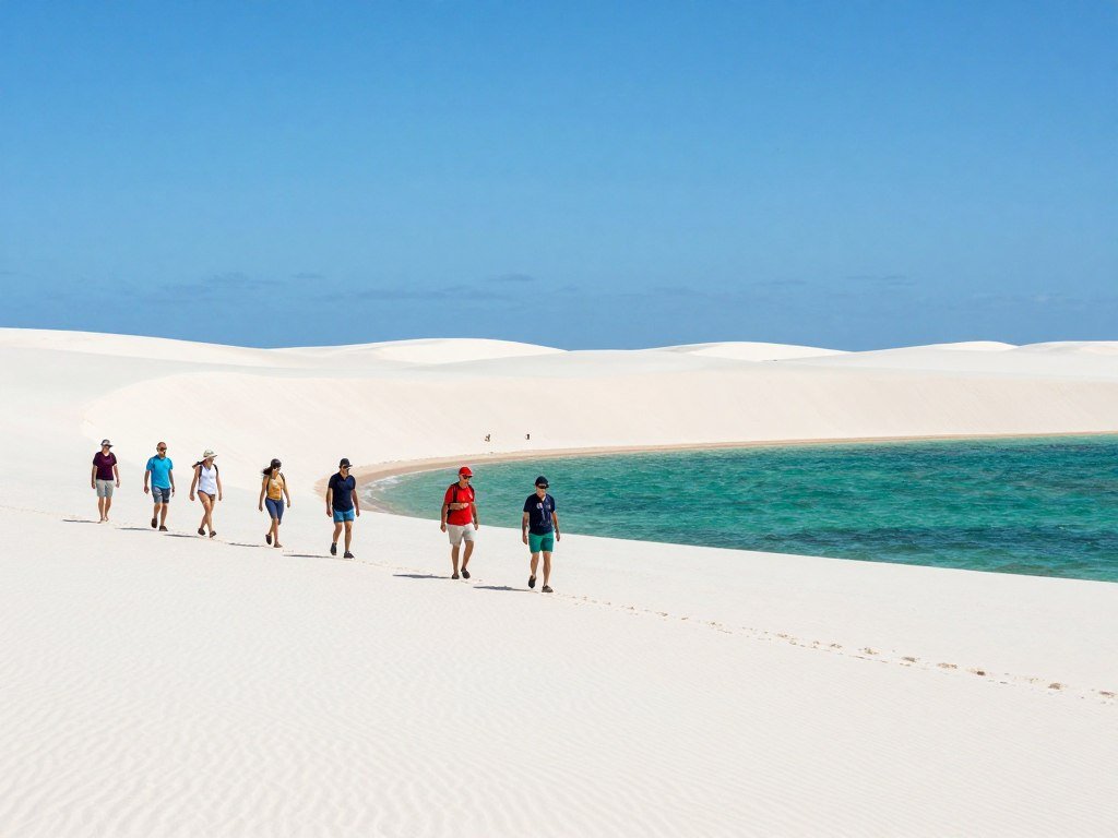 Turistas caminhando pelas dunas brancas dos Lençóis Maranhenses com lagoas ao fundo durante o melhor período de visitação Turistas caminhando pelas dunas brancas dos Lençóis Maranhenses com lagoas ao fundo durante o melhor período de visitação
