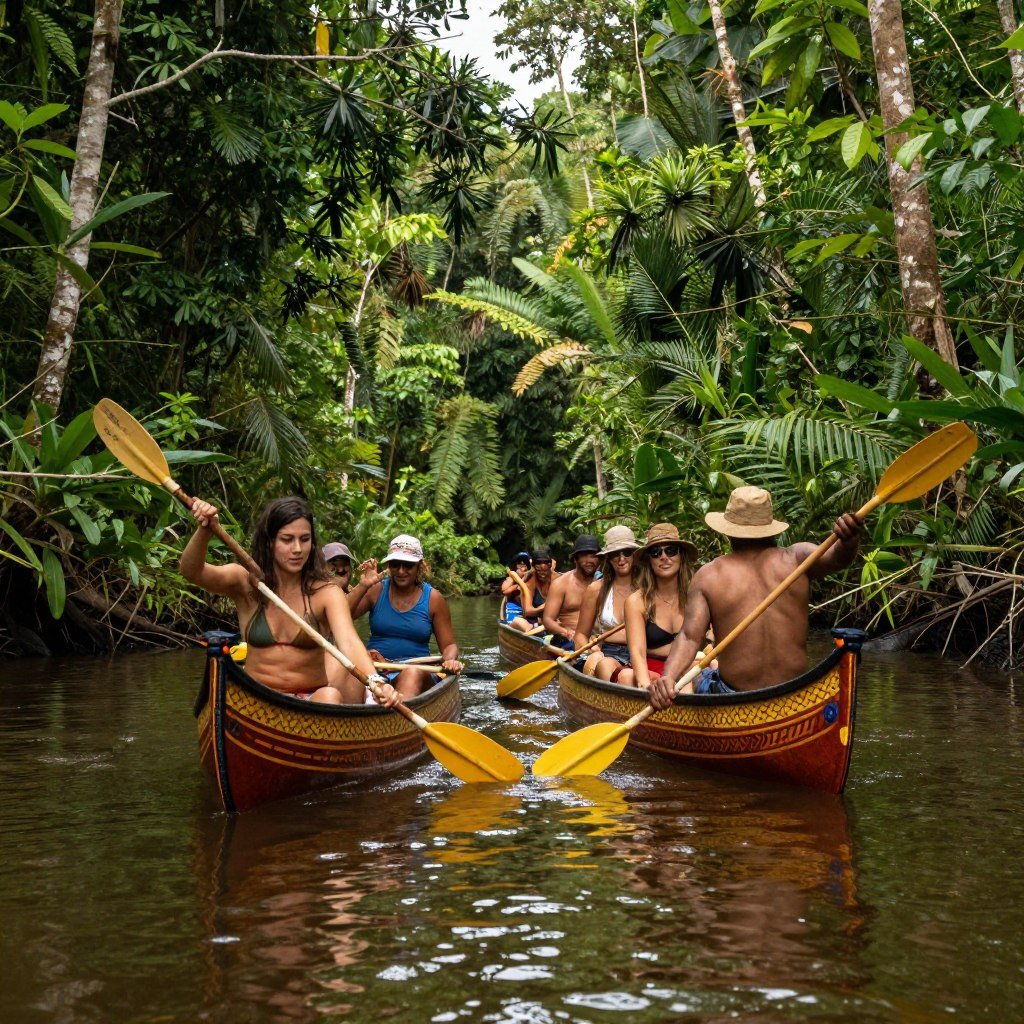 Turistas em canoa explorando igarapé estreito na floresta amazônica Turistas em canoa explorando igarapé estreito na floresta amazônica
