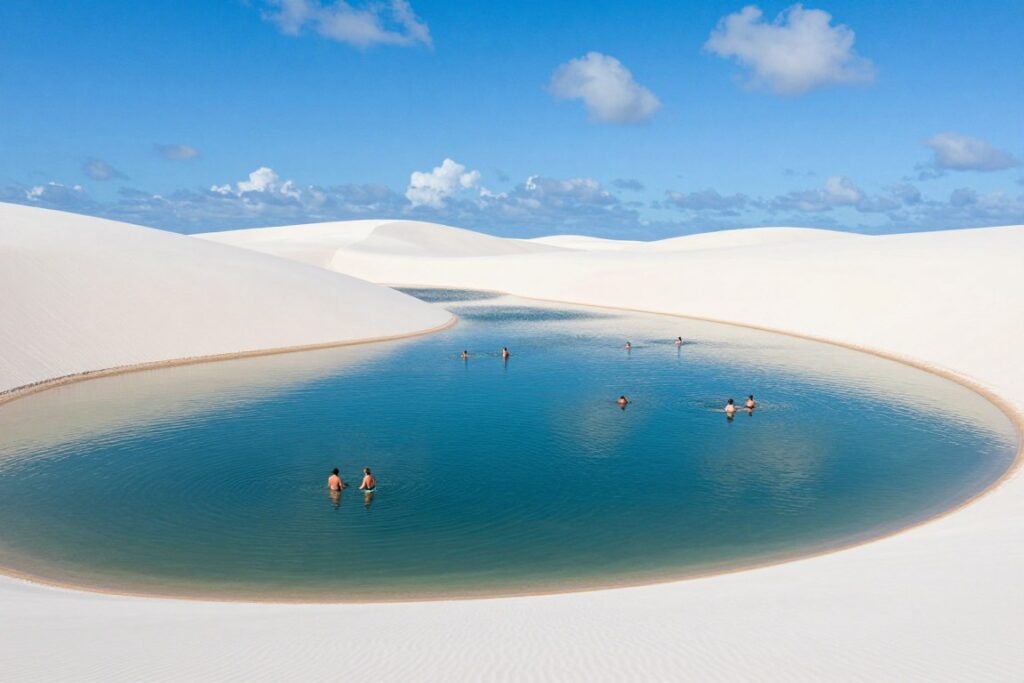 Turistas nadando em lagoa cristalina cercada por dunas brancas nos Lençóis Maranhenses Turistas nadando em lagoa cristalina cercada por dunas brancas nos Lençóis Maranhenses