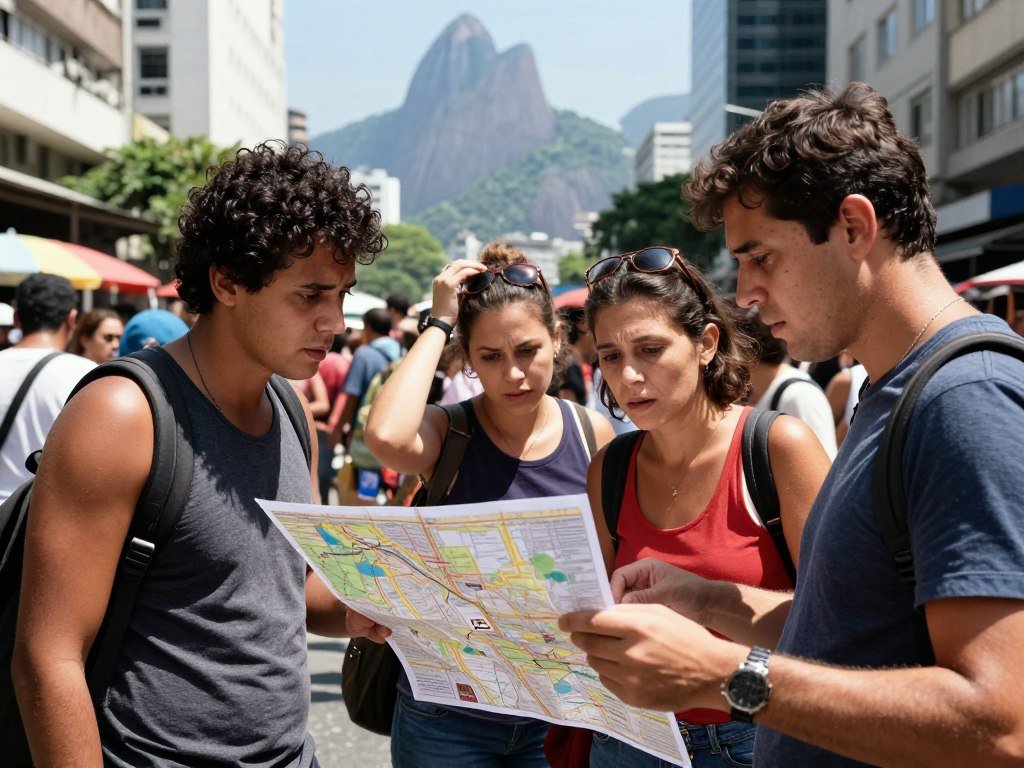 Turistas perdidos consultando mapa de papel em rua movimentada do Rio de Janeiro sob sol forte Turistas perdidos consultando mapa de papel em rua movimentada do Rio de Janeiro sob sol forte
