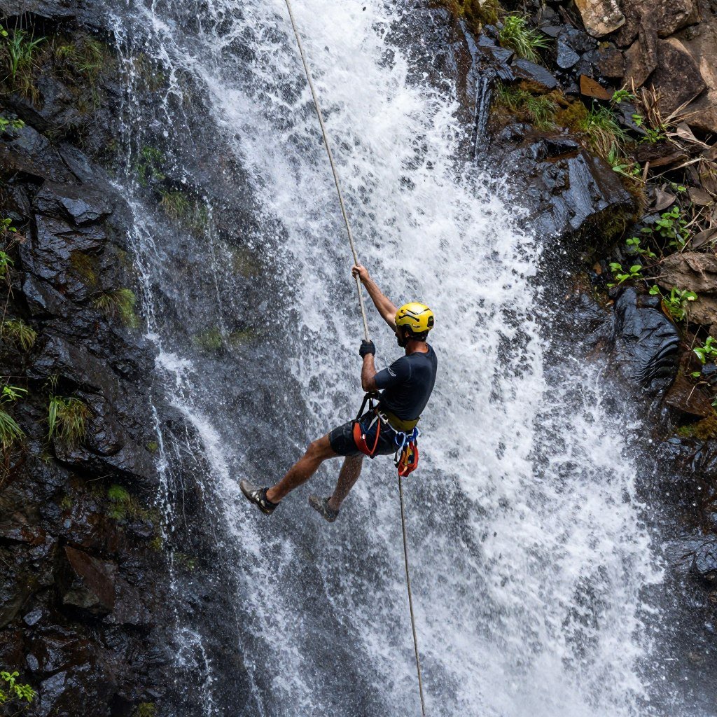 Turistas praticando rapel em cachoeira da Chapada dos Veadeiros Turistas praticando rapel em cachoeira da Chapada dos Veadeiros