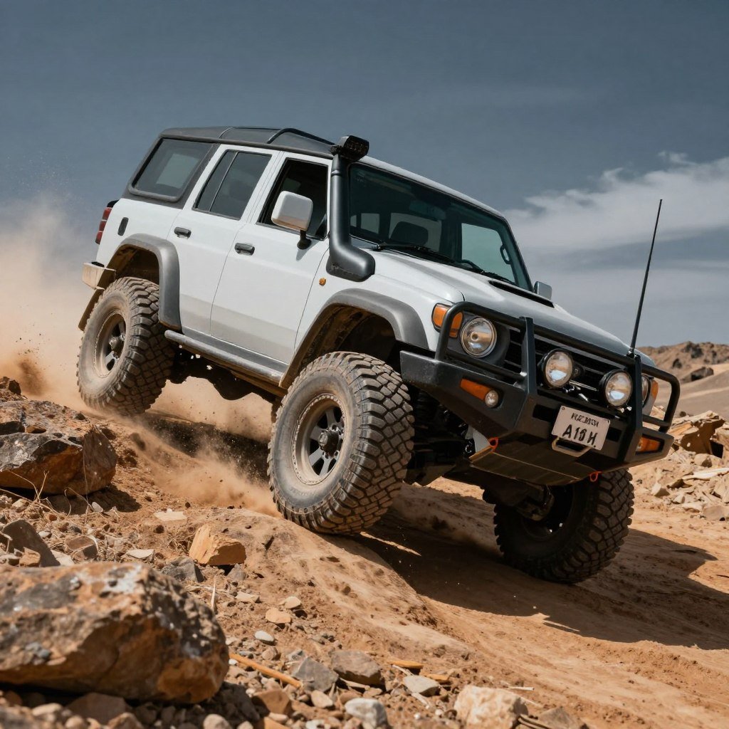 Veículo 4x4 especializado atravessando terreno desafiador Veículo 4x4 especializado atravessando terreno desafiador