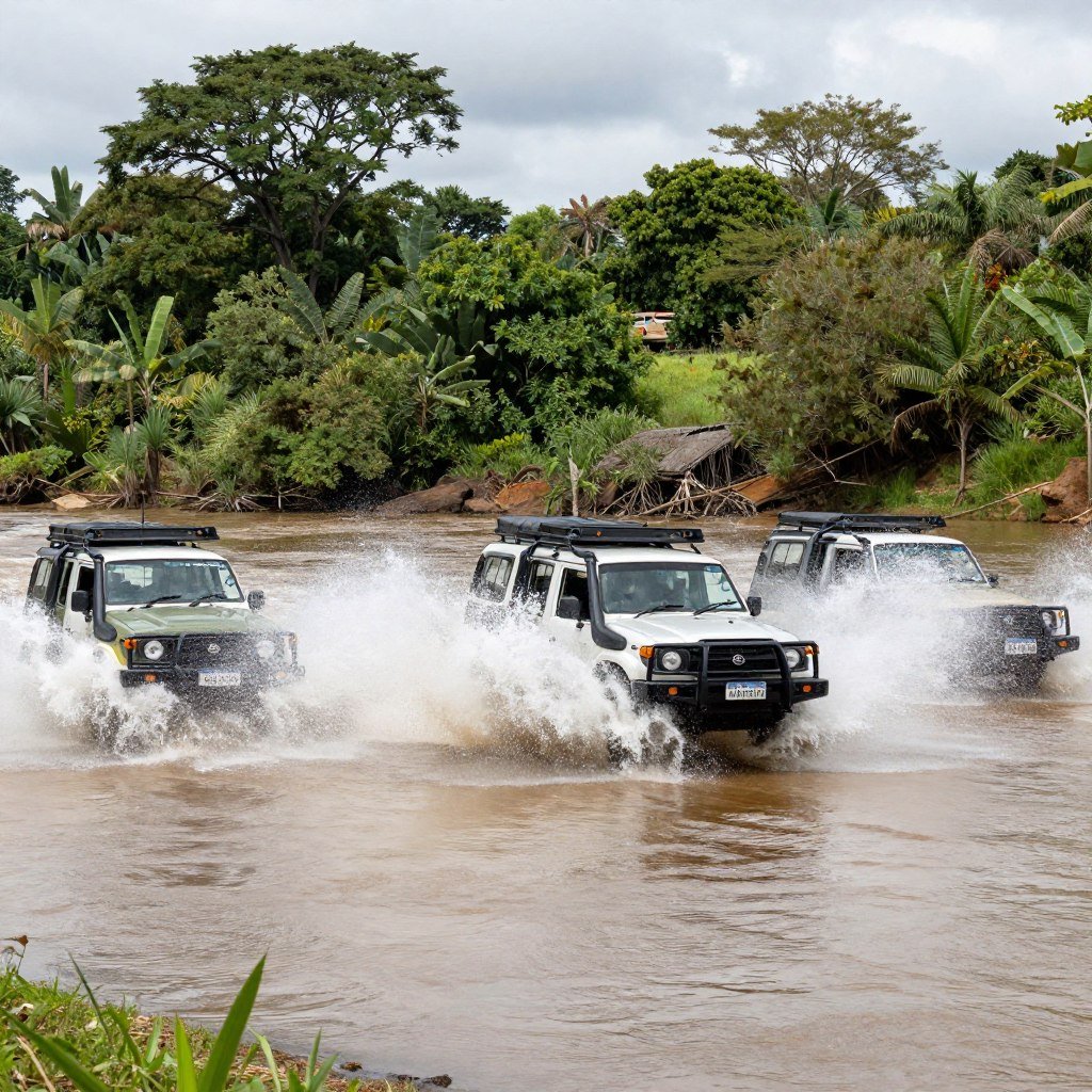Veículos 4x4 em comboio atravessando rio no Jalapão Veículos 4x4 em comboio atravessando rio no Jalapão