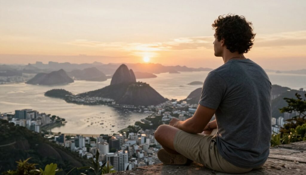 Viajante contemplativo observando o Rio de Janeiro de mirante tranquilo ao entardecer Viajante contemplativo observando o Rio de Janeiro de mirante tranquilo ao entardecer