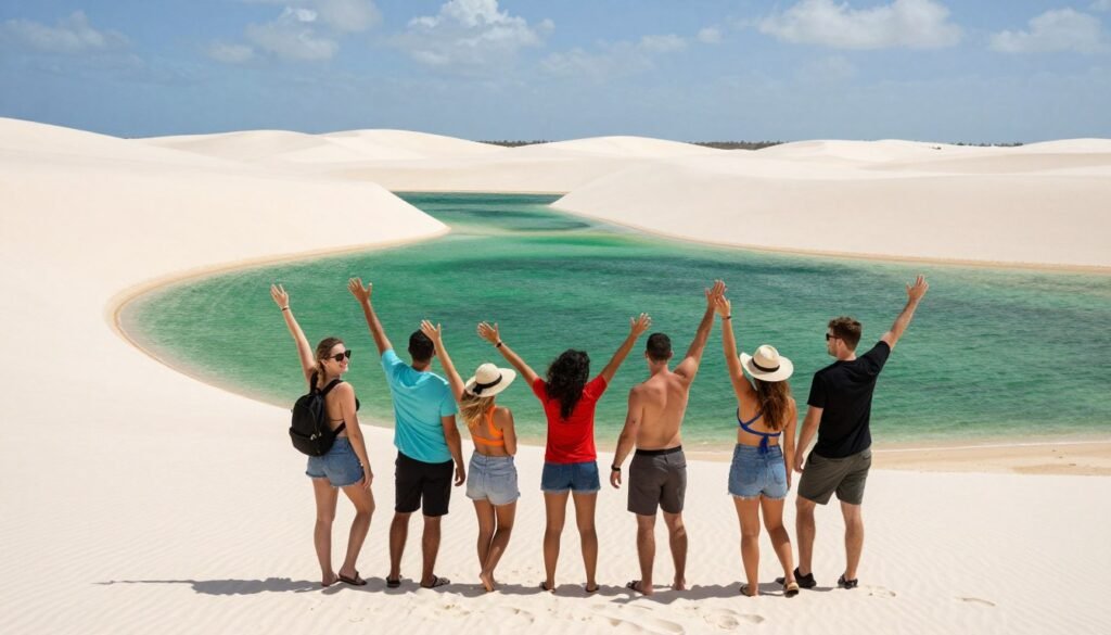 Viajantes celebrando experiência perfeita nos Lençóis Maranhenses após planejamento bem-sucedido Viajantes celebrando experiência perfeita nos Lençóis Maranhenses após planejamento bem-sucedido