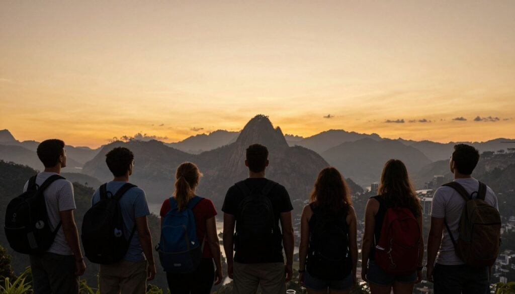Viajantes contemplando paisagem brasileira grandiosa ao entardecer Viajantes contemplando paisagem brasileira grandiosa ao entardecer