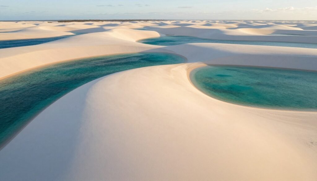 Vista aérea das dunas brancas dos Lençóis Maranhenses com lagoas azul-turquesa formadas após o período de chuvas
