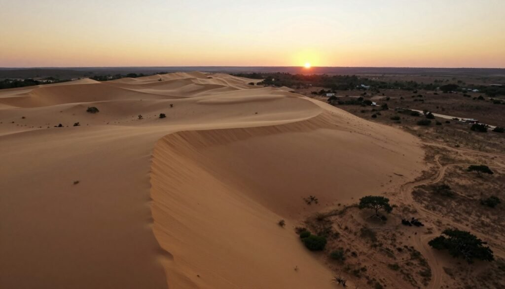 Vista aérea das dunas douradas do Jalapão ao pôr do sol com savana brasileira ao fundo