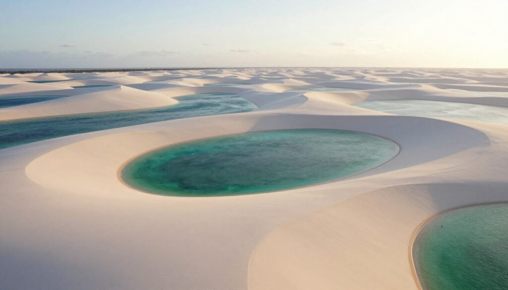 Vista aérea dos Lençóis Maranhenses mostrando dunas brancas intercaladas com lagoas azuis Vista aérea dos Lençóis Maranhenses mostrando dunas brancas intercaladas com lagoas azuis