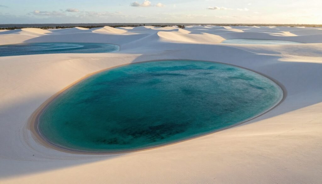 Vista aérea dos Lençóis Maranhenses mostrando lagoas cristalinas isoladas entre dunas brancas
