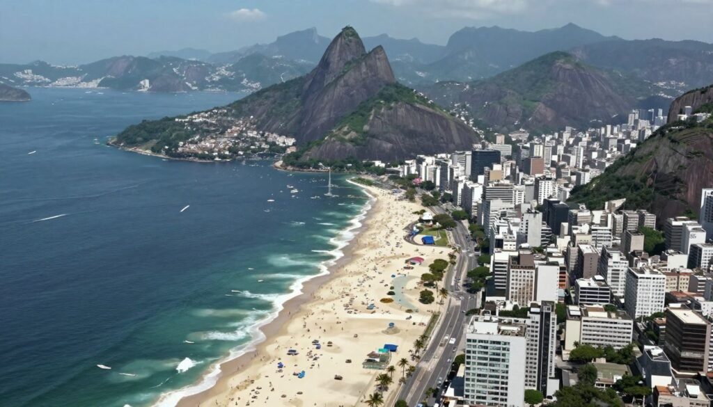 Vista aérea panorâmica da Zona Sul do Rio mostrando Copacabana, Ipanema e Leblon durante o dia com luz natural Vista aérea panorâmica da Zona Sul do Rio mostrando Copacabana, Ipanema e Leblon durante o dia com luz natural
