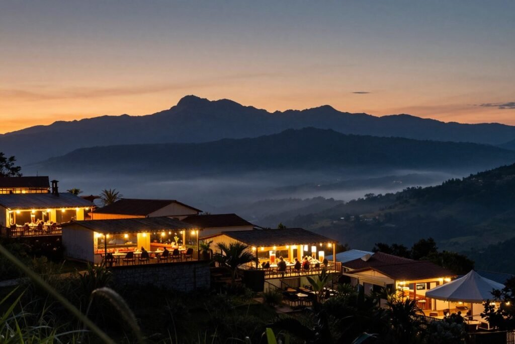 Vista panorâmica da serra fluminense ao entardecer com luzes de restaurantes e cervejarias acesas Vista panorâmica da serra fluminense ao entardecer com luzes de restaurantes e cervejarias acesas