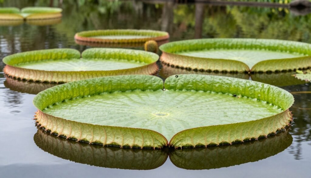 Vitória-régia gigante flutuando nas águas calmas de igarapé amazônico Vitória-régia gigante flutuando nas águas calmas de igarapé amazônico